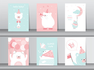 Set of baby shower invitations cards.Cute animal.poster,greeting,template,bear,Vector illustrations.