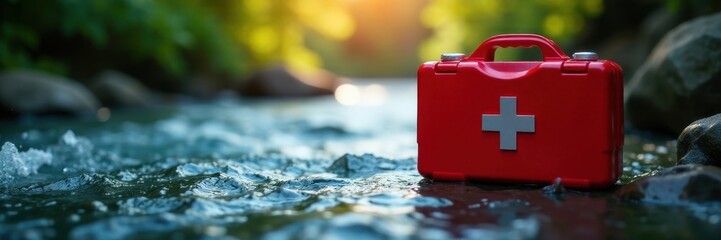 Gripping bright red medical kit by flowing river , scenic, rescue, hand