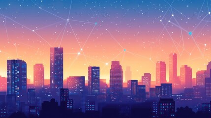 Fototapeta premium City skyline at twilight, interconnected network, futuristic background, possible use for technology concept, urban landscape