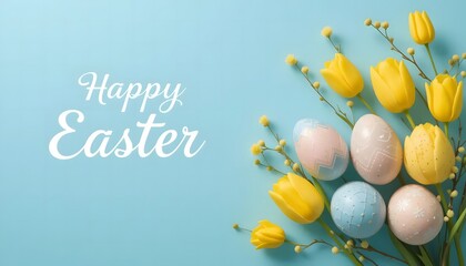 Bright Easter Blessings A Joyful Celebration of Spring with greeting card design and colorful Easter eggs, flowers, and rabbit Eggs.