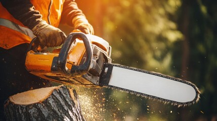 Professional lumberjack operating chainsaw, cutting wood log in forest during sunny day with bright orange safety vest