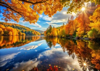 Obraz premium Serene Autumn Landscape: Golden Leaves Reflecting Life's Journey
