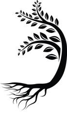 Root Of The Tree logo illustration. Vector silhouette of a tree, green forestry strong root tree logo, High detail illustration of an old olive tree, hand drawn, vector