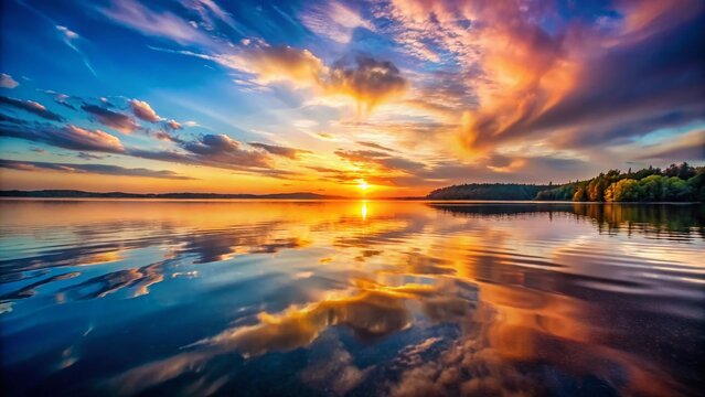 Serene Lake Landscape with Abstract Swimming Strokes, Perfect for Wellness Branding