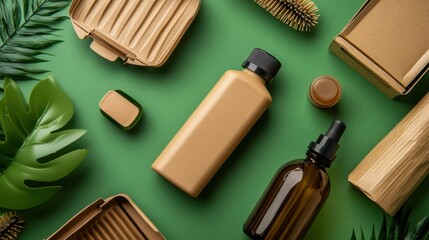 Eco-conscious haircare products are displayed in biodegradable packaging on a vibrant green surface, surrounded by natural elements like leaves and wood