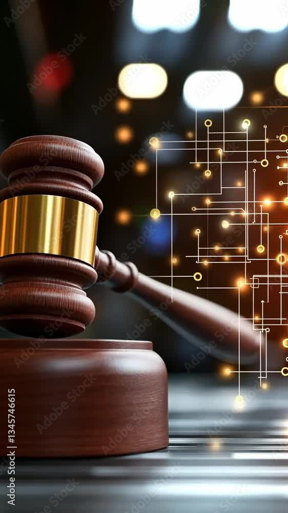 Poster exploring the intersection of technology and law with a gavel in a modern courtroom setting