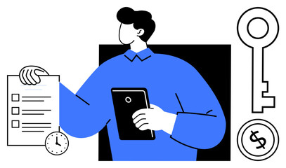 Businessperson holding checklist and tablet, with key, clock, and dollar sign for themes thumbs up efficiency, goals, and finance. Ideal for leadership, planning, strategy time management