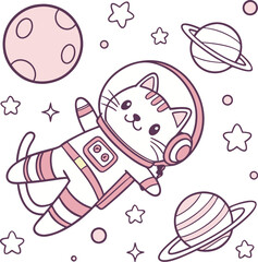Cute Kawaii Cat Astronaut Floating in Space  Adorable Cosmic T-Shirt Vector Art
