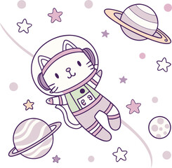 Cute Kawaii Cat Astronaut Floating in Space  Adorable Cosmic T-Shirt Vector Art