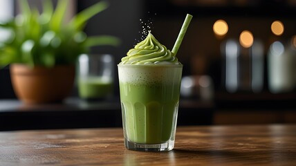 A refreshing matcha latte with layered green tea and frothy milk, condensation forming on the glass, with a small matcha whisk in the background 