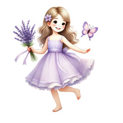 A cheerful girl in a lavender dress holds a bouquet of lavender and plays with a butterfly.