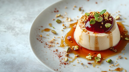 An artistic peanut butter and jelly dessert with peanut butter mousse, jelly spheres, and a sprinkle of toasted sesame seeds on top for an exotic touch.