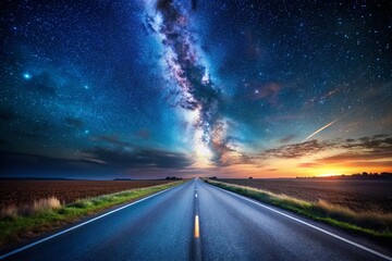 Naklejka premium Serene Night Road: Starry Sky Above Asphalt Highway