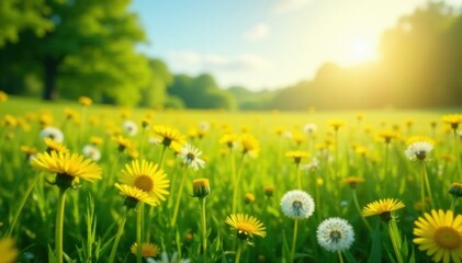 Obraz premium Sunlit green field, abundant yellow and white dandelions , cheerful, background