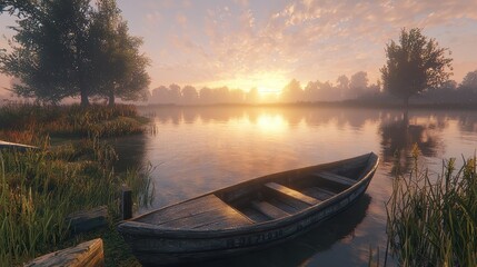 Obraz premium A serene lake scene with a wooden boat at sunset