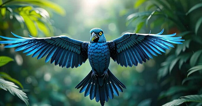 Vivid blue parrot in flight amidst lush jungle foliage.  Possible use Nature, wildlife, exotic bird photography