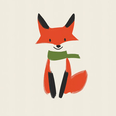 Obraz premium Charming Minimalist Illustration of a Friendly Fox with Green Scarf, Hand-Drawn Cute Animal Character Ideal for Children's Designs, Nursery Decor, and Creative Projects