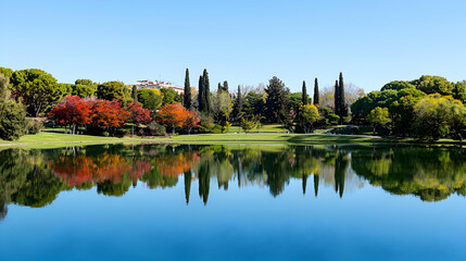 Obraz premium Scenic Lake Reflection With Lush Green Trees And Colorful Autumn Foliage Under Clear Blue Sky