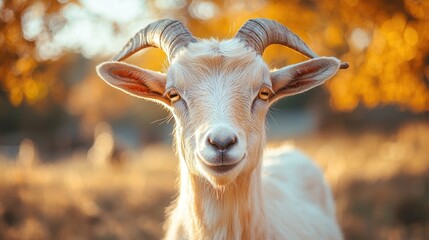 Fototapeta premium Golden-hour goat portrait, autumn pasture