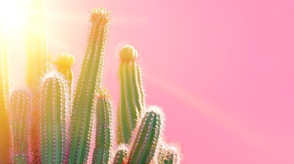 Sunlit Cactus Cluster Against a Vibrant Pink Sky