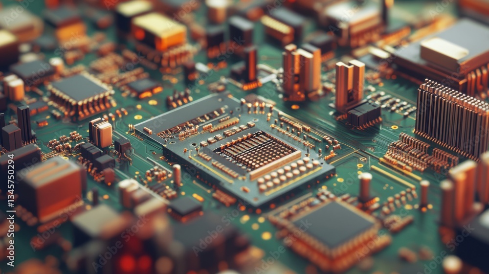 Poster high-resolution close-up of complex circuit board with microchips and electrical components in vibra