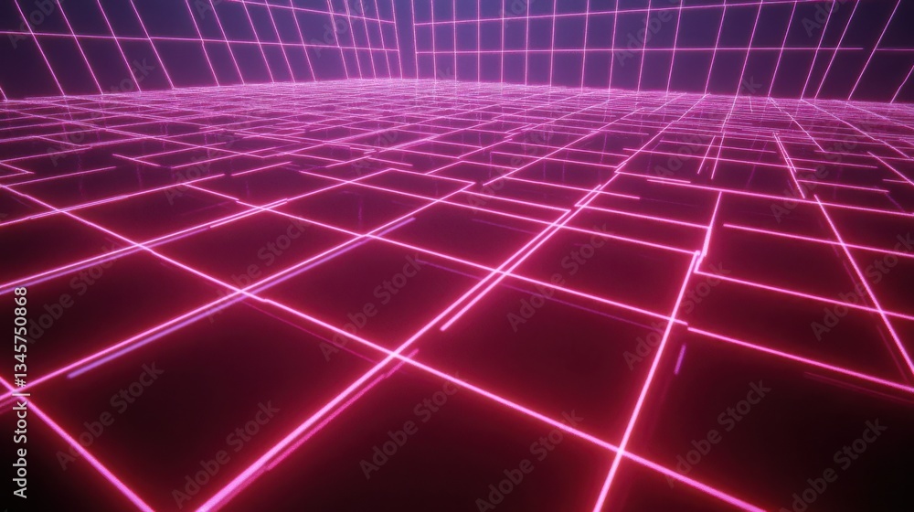 Poster futuristic pink grid in a digital space with glowing lines creating a neon retro 3d landscape for sc