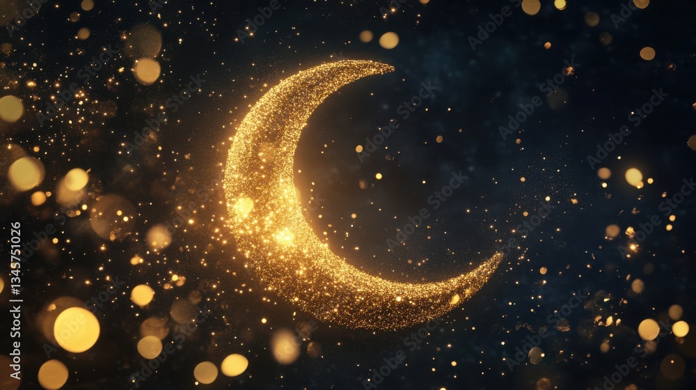 Poster glowing gold crescent moon surrounded by shimmering particles and soft bokeh effect on dark backgrou