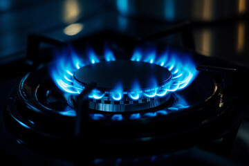 Blue flame from a gas stove on a white kitchen counter