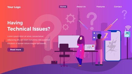 having technical issues preview, vector illustration for web, presentation slides, print, etc