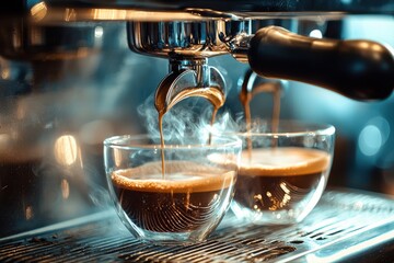 professional brewing - coffee bar details. Espresso coffee pouring from espresso machine. Barista details in cafe.