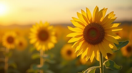 Fototapeta premium Sunflower in field at sunset with blurred background, close-up of blooming flower in warm golden sunlight with copy space