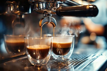 professional brewing - coffee bar details. Espresso coffee pouring from espresso machine. Barista details in cafe.