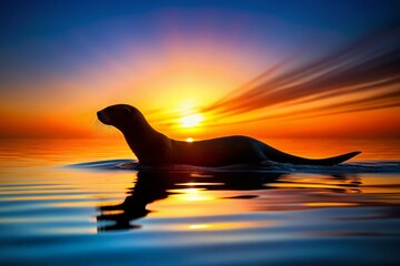 Silhouette of Playful Otter, Black and White Clip Art