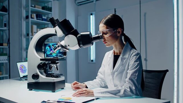 Scientist observing brain scan images with microscope