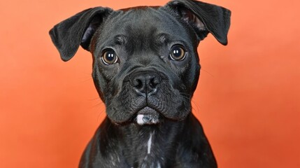 Adorable Black Puppy Dog Portrait Orange Background