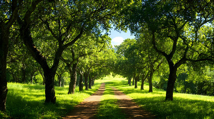 Lush Green Orchard Trees Forming Pathway with Sunlight Filtering Through Branches and Blue Sky Background