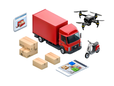 Isometric Illustration of Delivery Truck Drone and Scooter with Shipping Packages on Transparent Background Featuring Online Mobile Order and Fast Logistics Service