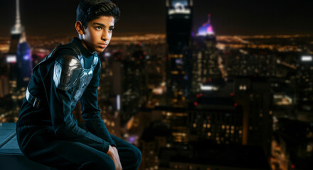 Obraz premium Young male in futuristic suit overlooking cityscape at night