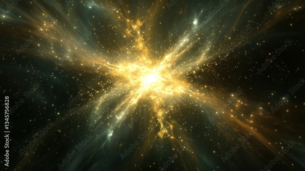 Poster golden explosion in cosmic space with twinkling stars and ethereal light rays capturing the essence 