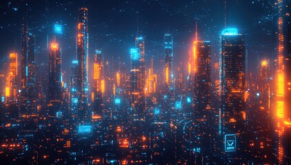 Obraz premium digital metropolis abstract visualization with glowing skyscrapers and connected network lines