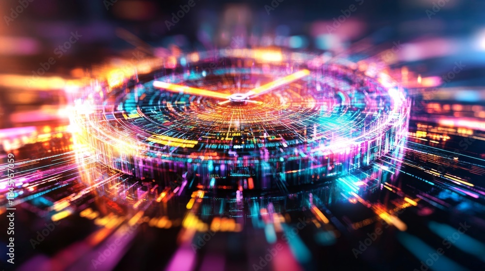 Poster digital timepiece with vibrant light trails and abstract patterns in futuristic style