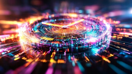 Digital timepiece with vibrant light trails and abstract patterns in futuristic style