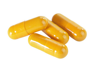 Bulk orange capsule pills isolated on white background.