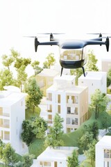 Obraz premium A sleek drone hovers above a futuristic city, showcasing innovative architecture and lush greenery. This image captures the essence of modern urban transport and sustainability.