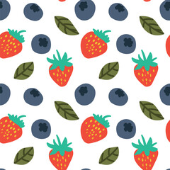 Colorful Hand-Drawn Fruit and Leaf Pattern with Strawberries and Blueberries