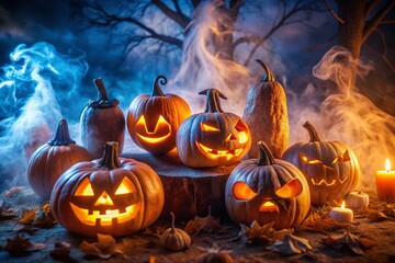 Fototapeta premium Spooky Night: Glowing Ghost Pumpkins Halloween Decoration