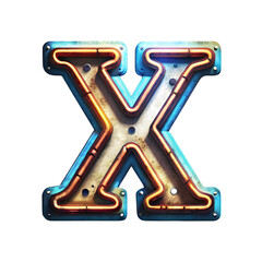 Vintage Industrial Neon Letter , alphabet  X  Rusty Metal and Glowing Tubes with Retro Cyberpunk Aesthetic transparent background