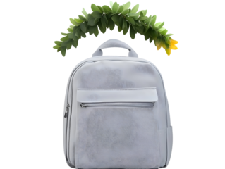 Realistic Isolated White Backpack with Green Leaf Arch Isolated on Transparent Background School Accessory Travel Pack Bag for Stylish Design and Modern Equipment