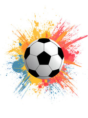 Dynamic illustration of a soccer ball surrounded by a vibrant explosion of colorful paint splatters