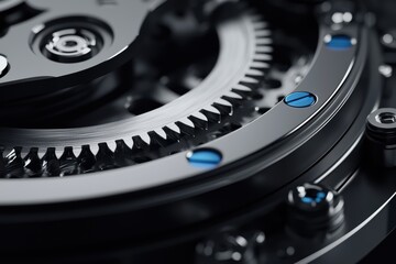 Ultra-detailed close-up of a futuristic mechanical gear system with blue metallic accents, precision bolts, and industrial textures, photorealistic render